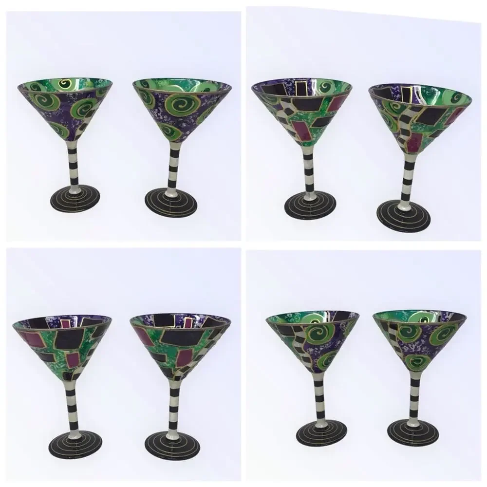 Festive 4 Martini Glasses Hand Painted  Colorful Avant Garde Art Deco 50s